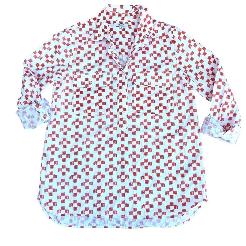 Madewell red and white patterned long sleeve collared pop over top size small